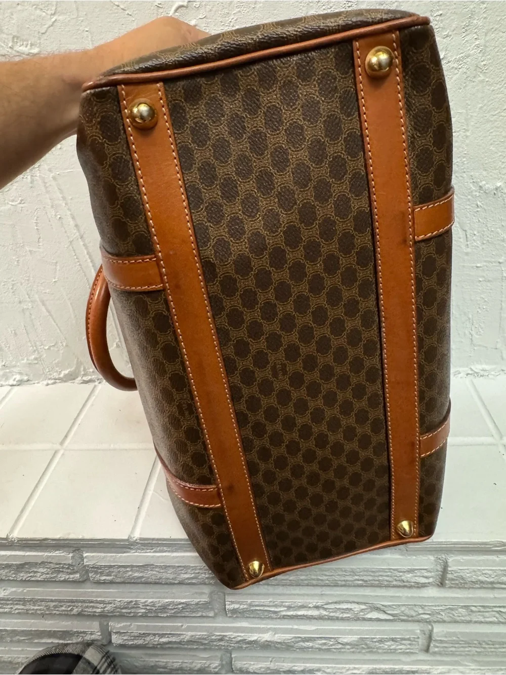 Celine Brown Monogram Canvas Duffel with Tan Leather Trim